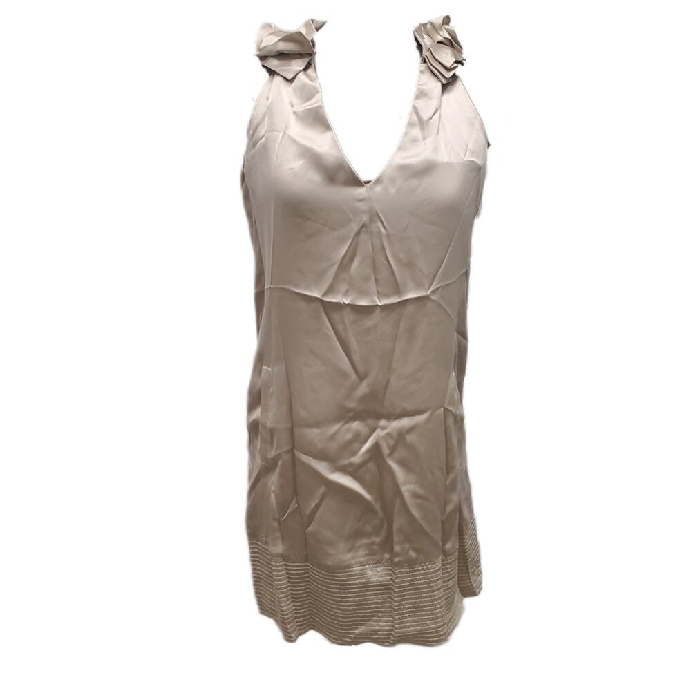 Matty M Champagne silk satin pleated ruffle v neck shift dress XS Extra Small